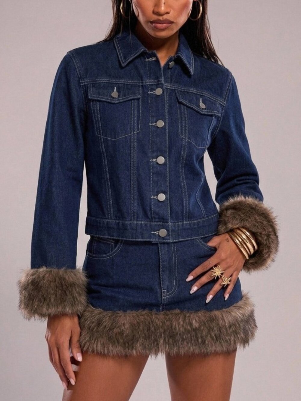Blue Casual Women's Lapel Long Sleeve Top And Denim Mini Skirt Set